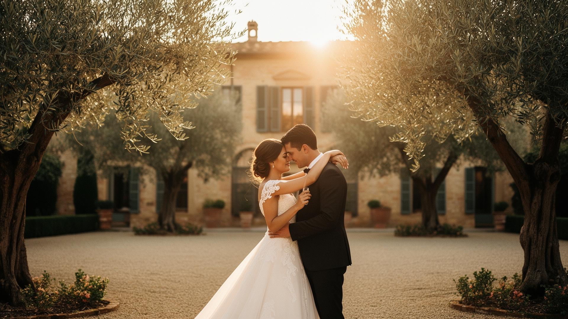 Bride and groom sharing a tender moment during their wedding ceremony at golden hour