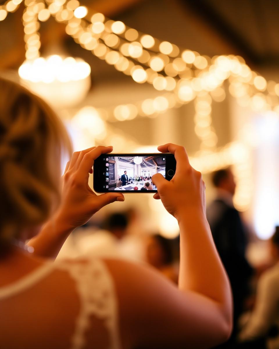 Wedding guest taking a photo with their phone under warm string lights